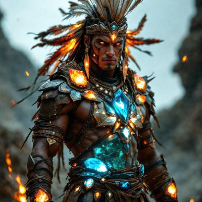 The primary subject of the image is a man wearing a costume with a feathered headdress, likely representing a Native American character. The setting is a rocky outdoor environment, with the man standing in front of a rocky cliff. The visual style of the image is a combination of photo and digital art, creating a unique and intriguing appearance. The colors and mood of the image are predominantly dark and dramatic, with the man's costume and the surrounding environment creating a sense of mystery and